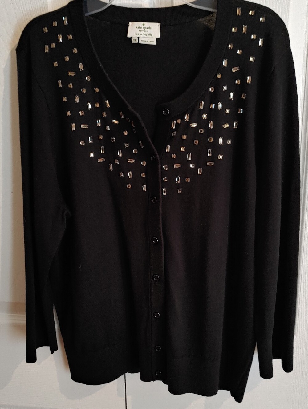 Kate Spade Black Rhinestone Button Down Cashmere Blend Cardigan Sweater. Size XL